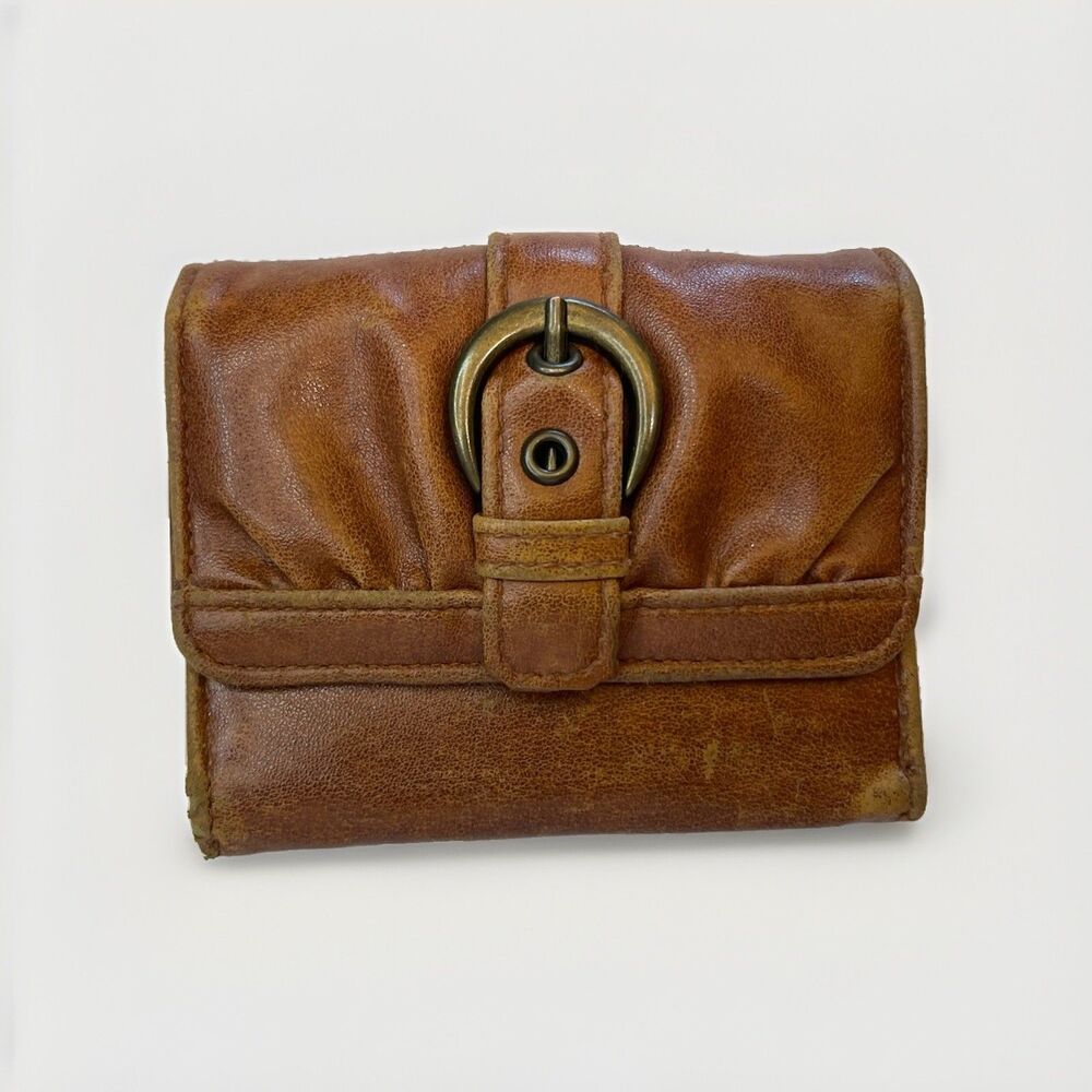 Atmosphere Womens Tan Faux Leather Small Trifold Wallet Buckle Coin Purse Snap
